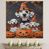 Dalmatian Dog Halloween Canvas Wall Art with Pumpkins and Witch Hats Rustic Fall Farmhouse Decor for Dog Lovers on Ready to Hang 1.5" Thick Canvas Wrap, Floating Framed Canvas, Flat Rolled Canvas